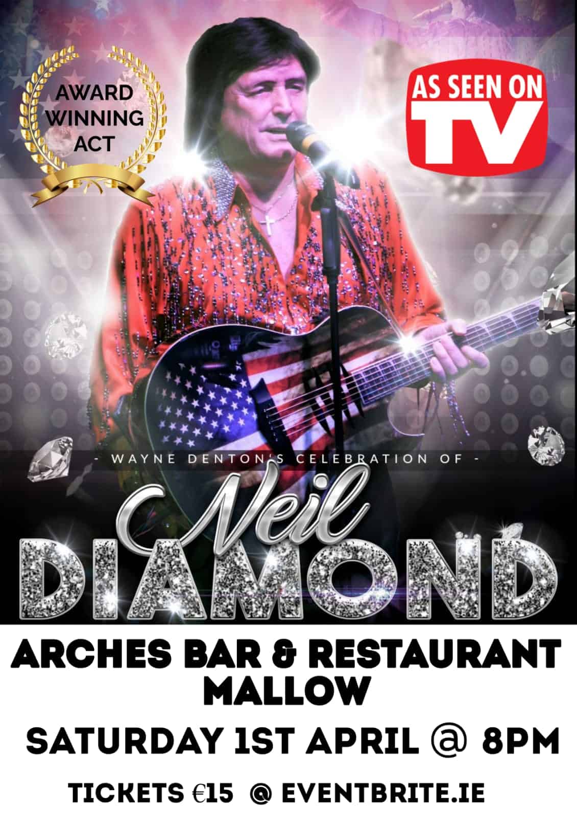 Wayne Denton as Neil Diamond at The Arches Bar & Restaurant Mallow